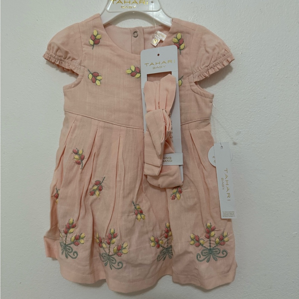 Tahari Blush Dress with Floral Embroidery and Headband